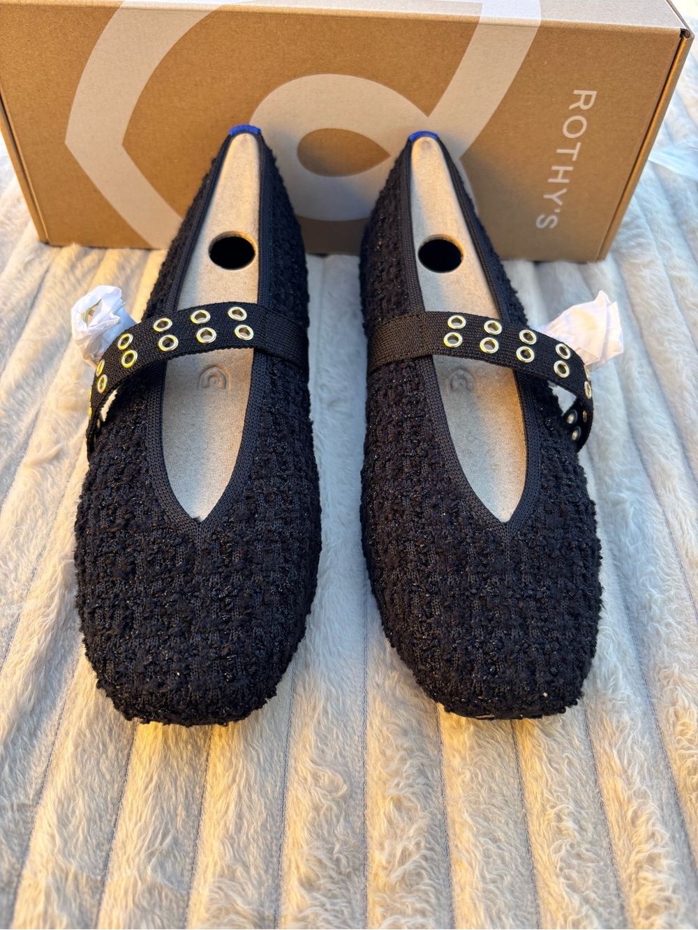 Rothy's Black Textured Mary Jane Flats with Eyelet Strap Twinkle Boucle